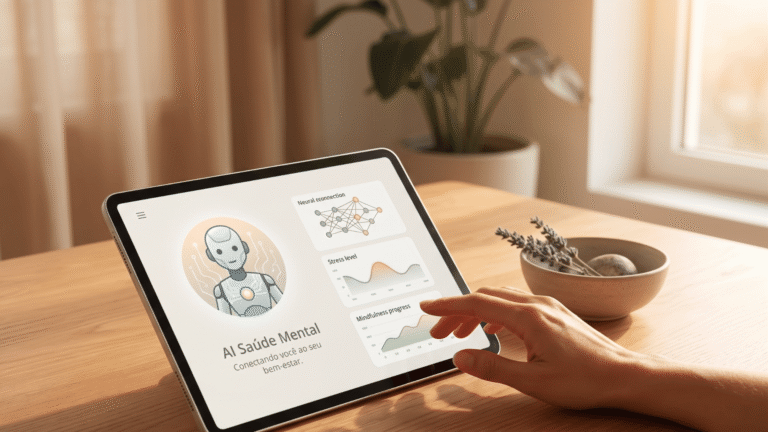 Uma mão toca a tela de um tablet apoiado sobre uma mesa de madeira clara. A tela exibe um aplicativo de inteligência artificial voltado para a saúde mental, com gráficos suaves de bem-estar e o desenho de um robô amigável. Ao fundo, uma janela ilumina o ambiente com luz natural, acompanhada por um vaso com planta verde e uma pequena tigela com lavanda, transmitindo calma e acolhimento.