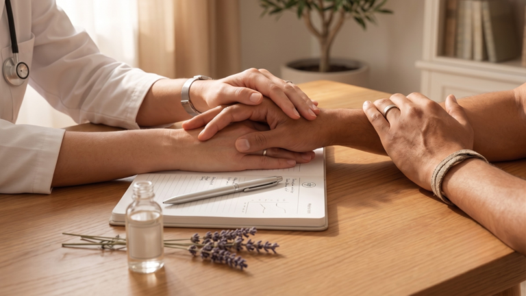 Duas mãos brancas e uma mão preta estão unidas em um gesto de conforto e apoio sobre uma mesa de madeira. Um profissional de saúde em um jaleco branco está segurando as mãos de outra pessoa. Um frasco pequeno e um ramo de lavanda estão em primeiro plano.